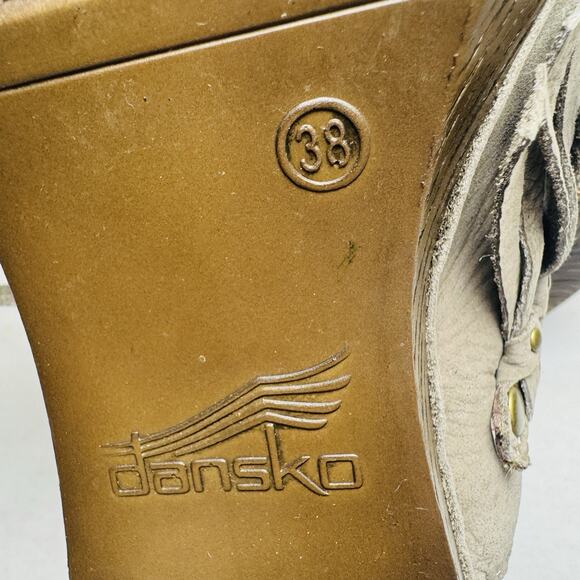 Dansko Deni Taupe Leather Fringe Studded 3” Heel Mule Clog Womens Size 38 US 8 - Picture 10 of 11